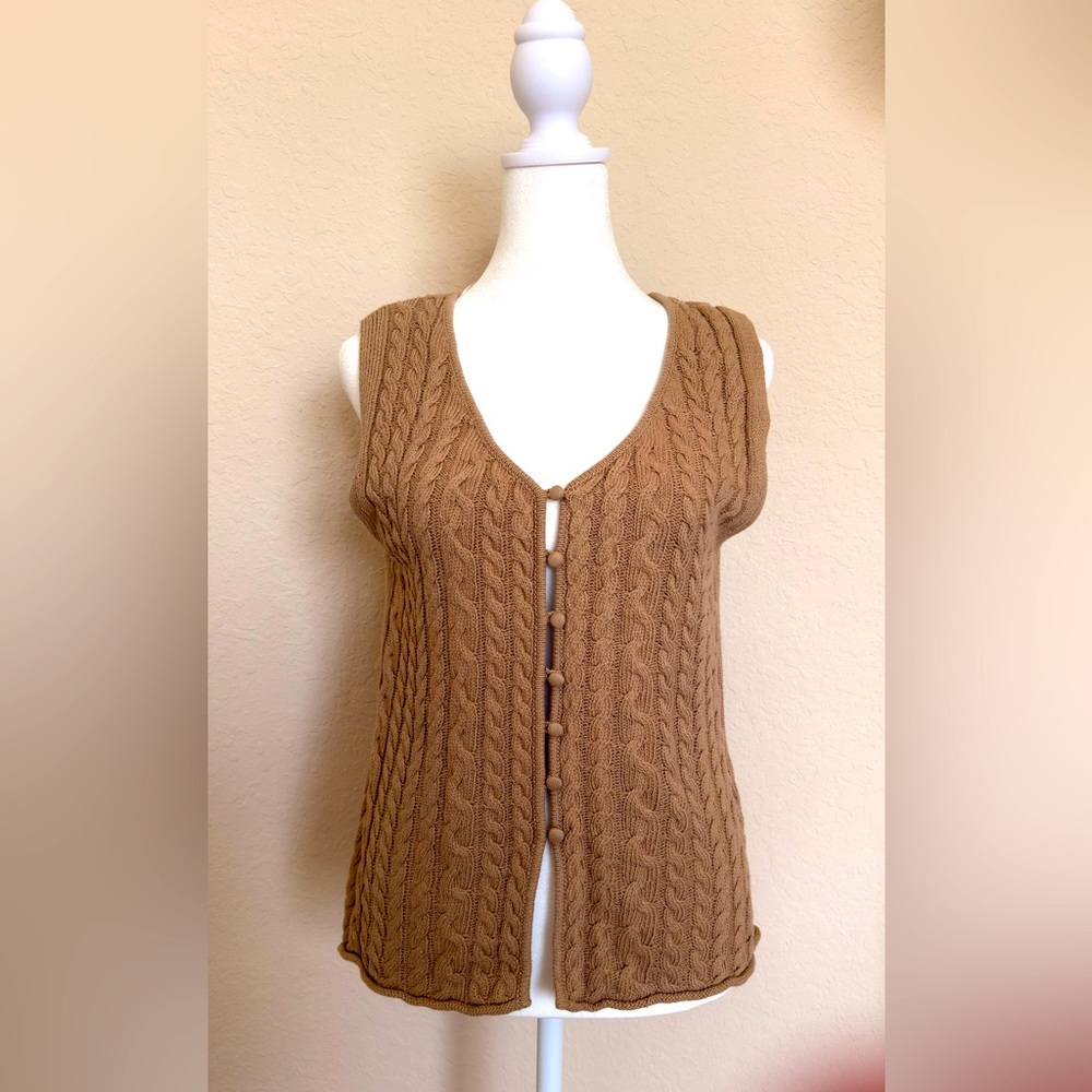 Elegant Brown Cable Knit Cardigan Vest